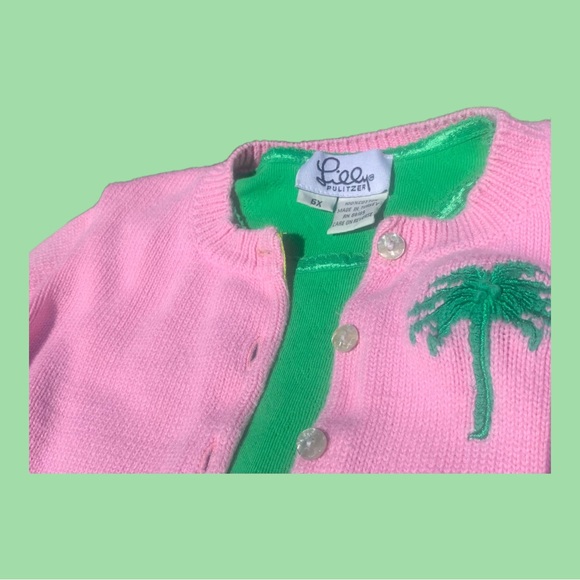 LILLY PULITZER Green Long Sleeve Top with Pink Cardigan w/Green Palm Tree - 6X - Picture 2 of 11